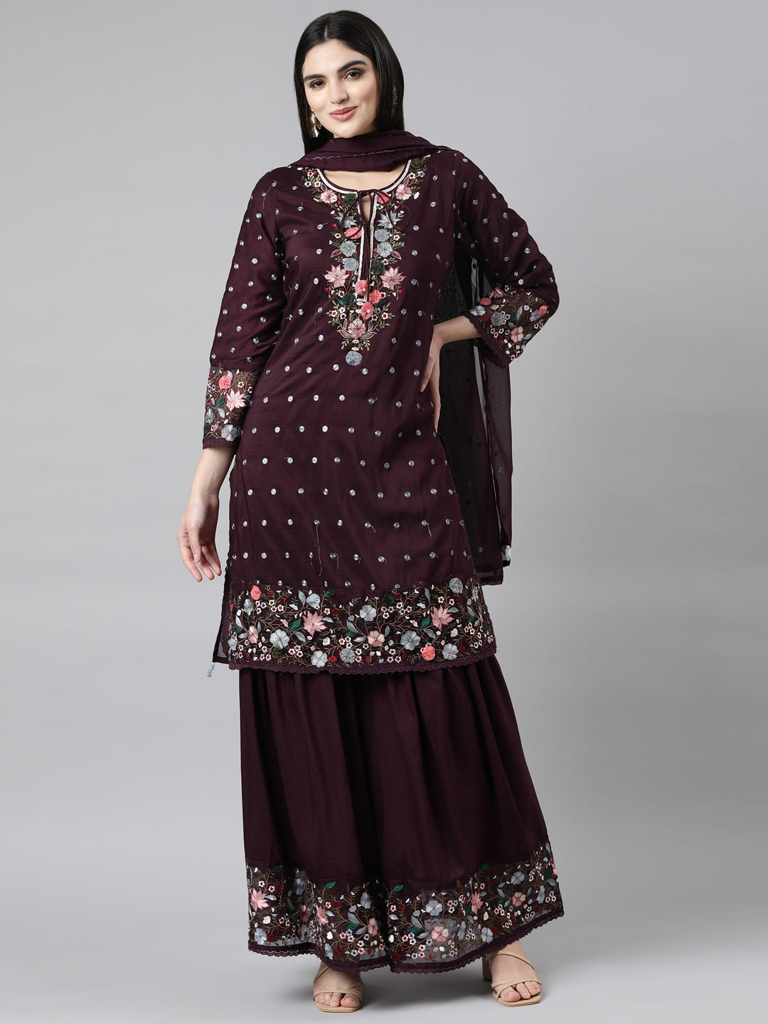 Neerus Purple Regular Straight Floral Kurta And Sharara With Dupatta