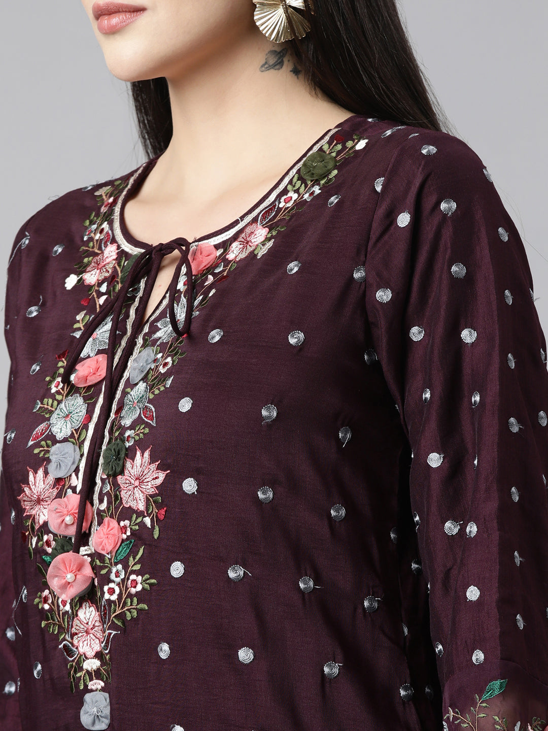 Neerus Purple Regular Straight Floral Kurta And Sharara With Dupatta