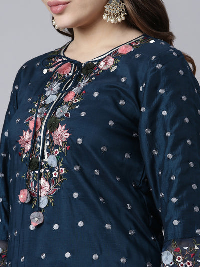 Neerus Blue Regular Straight Floral Kurta And Sharara With Dupatta