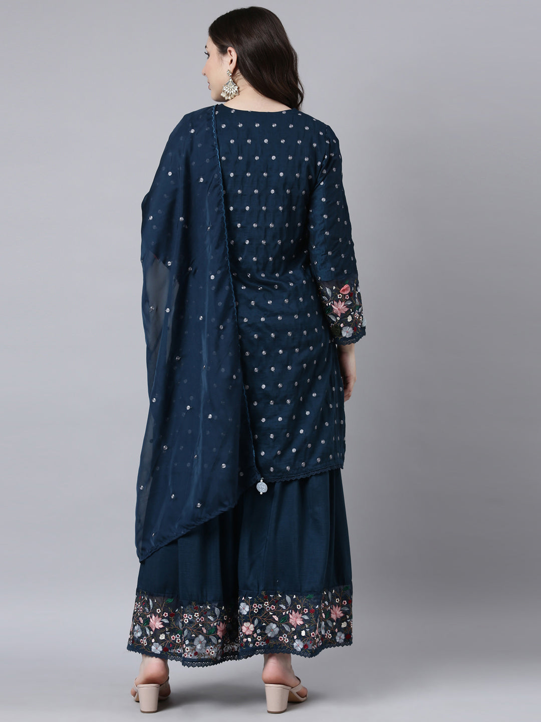 Neerus Blue Regular Straight Floral Kurta And Sharara With Dupatta