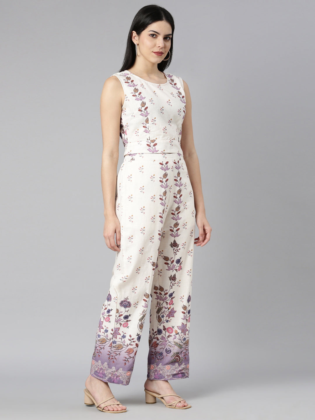 Neerus Lavender Regular Straight Floral Top And Trousers