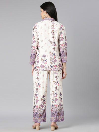 Neerus Lavender Regular Straight Floral Top And Trousers