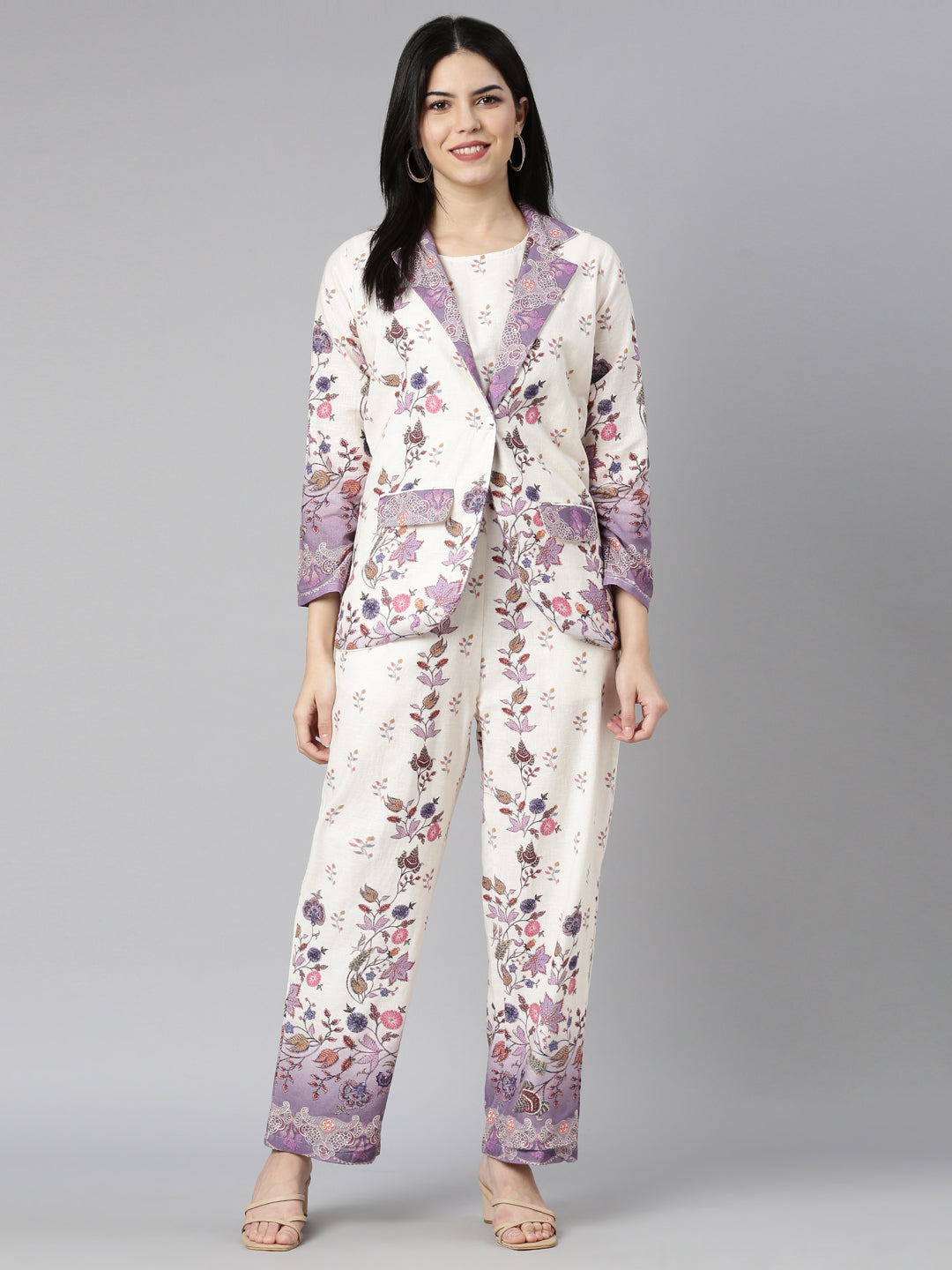 Neerus Lavender Regular Straight Floral Top And Trousers