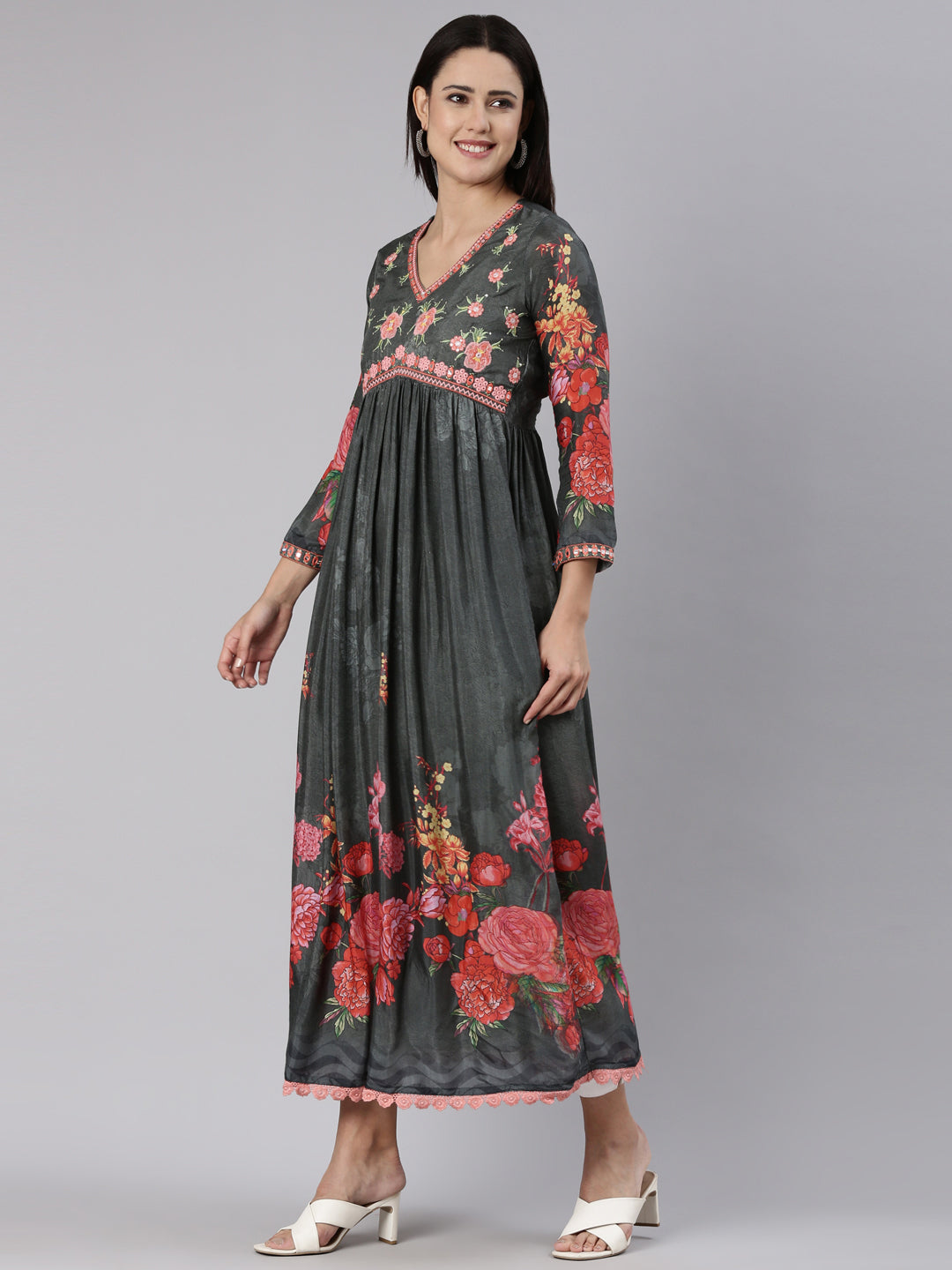 Neeru's Grey Straight Casual Floral Dress