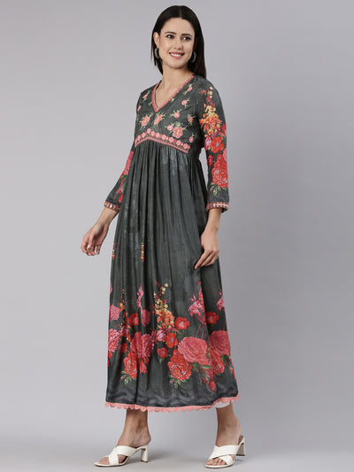 Neeru's Grey Straight Casual Floral Dress