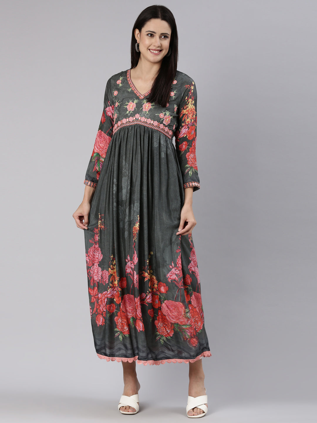 Neeru's Grey Straight Casual Floral Dress