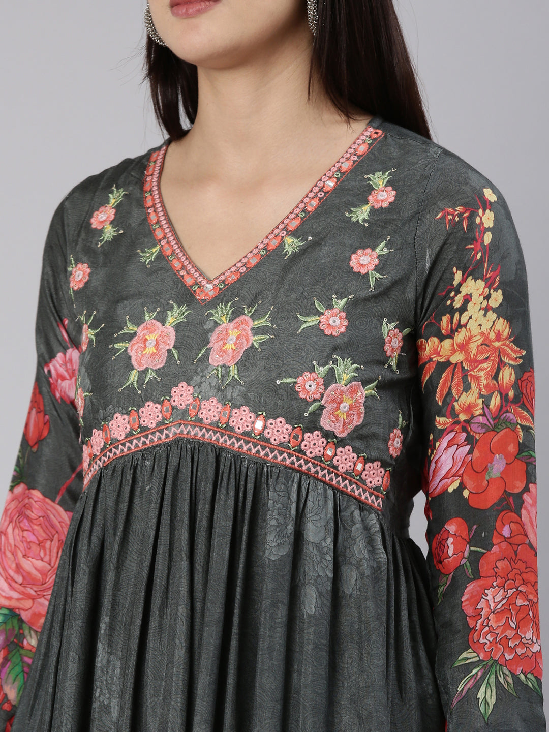 Neeru's Grey Straight Casual Floral Dress