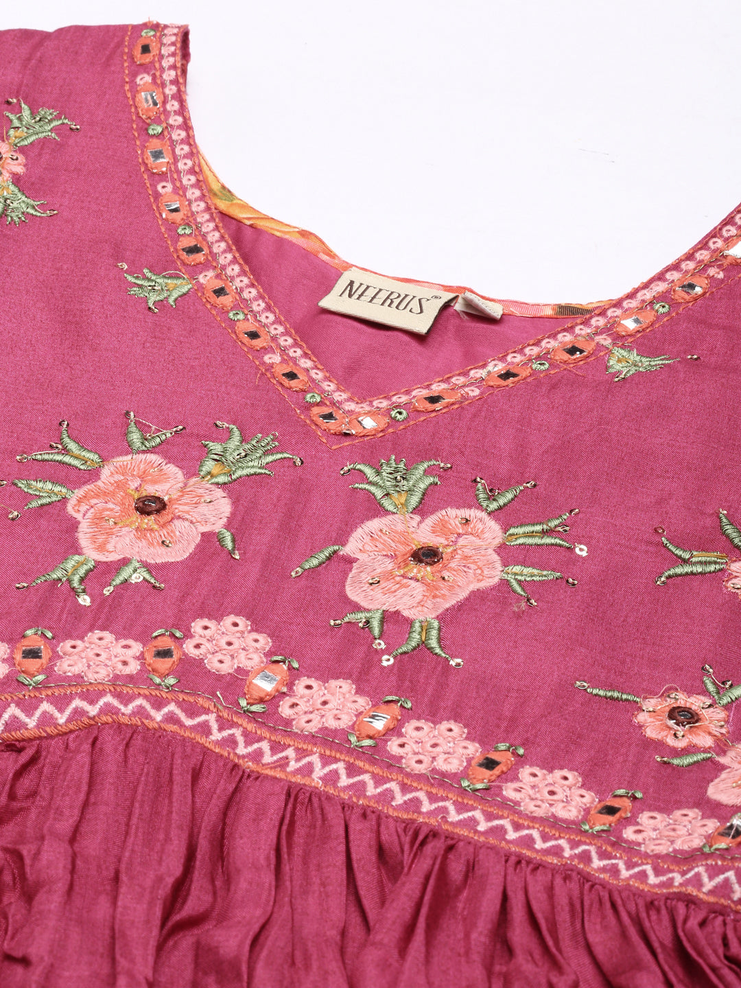 Neeru's Magenta Flared Casual Floral Dresses