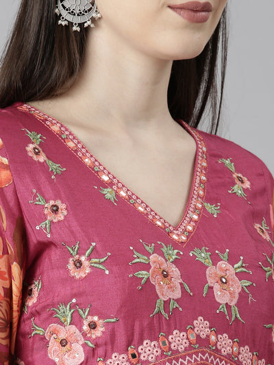 Neeru's Magenta Flared Casual Floral Dresses