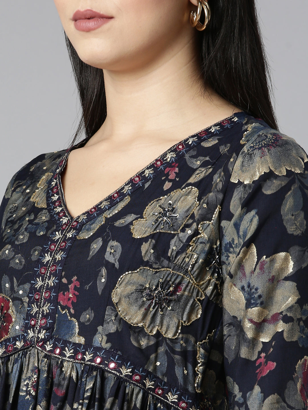 Neerus Navy Blue Regular Straight Floral Kurta And Sharara With Dupatta