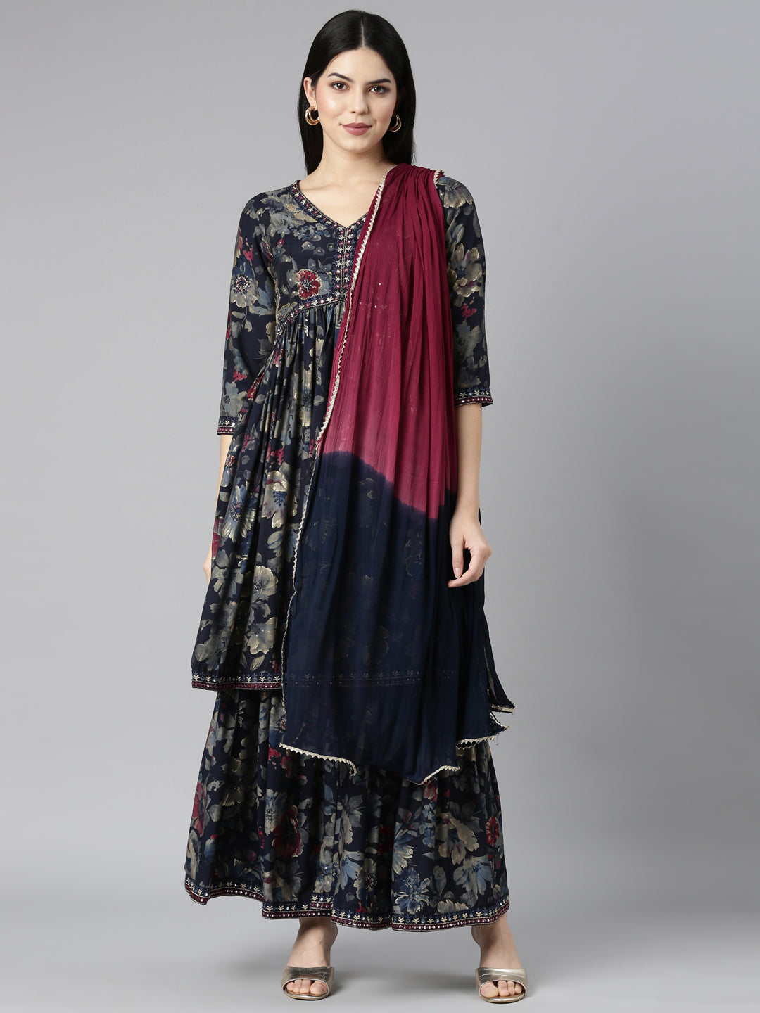 Neerus Navy Blue Regular Straight Floral Kurta And Sharara With Dupatta