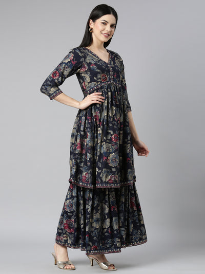 Neerus Navy Blue Regular Straight Floral Kurta And Sharara With Dupatta