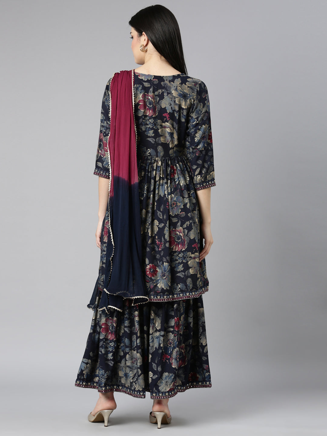 Neerus Navy Blue Regular Straight Floral Kurta And Sharara With Dupatta