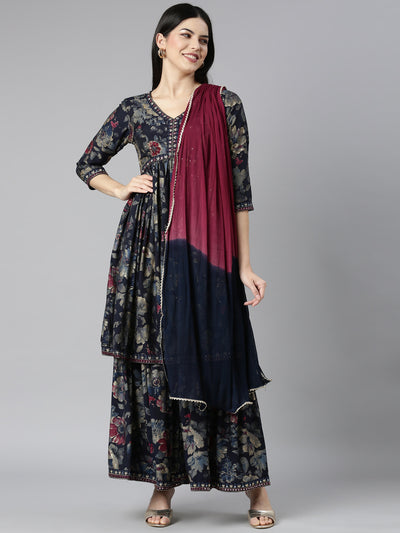 Neerus Navy Blue Regular Straight Floral Kurta And Sharara With Dupatta