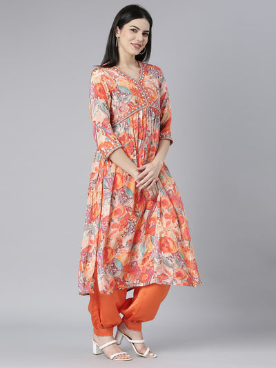 Neerus Orange Pleated Straight Floral Kurta And Salwar With Dupatta