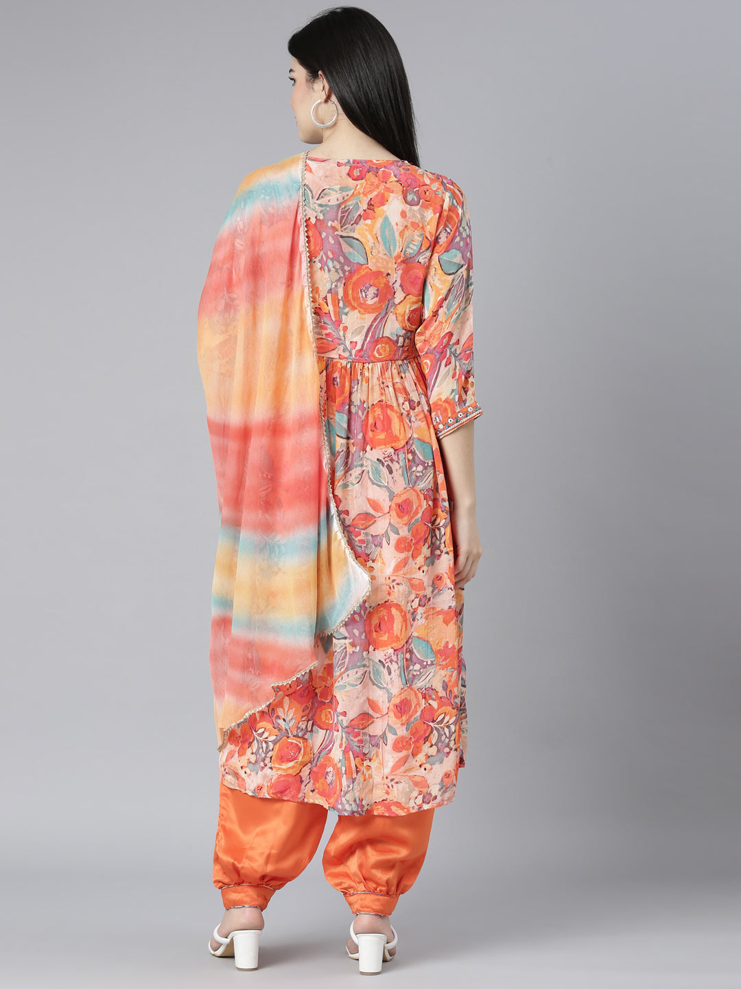 Neerus Orange Pleated Straight Floral Kurta And Salwar With Dupatta