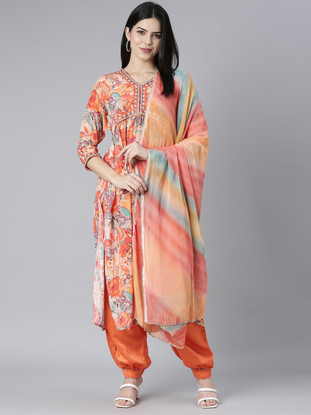 Neerus Orange Pleated Straight Floral Kurta And Salwar With Dupatta