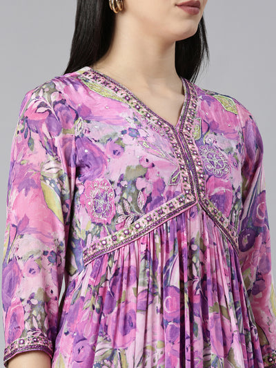 Neerus Purple Pleated Straight Floral Kurta And Salwar With Dupatta