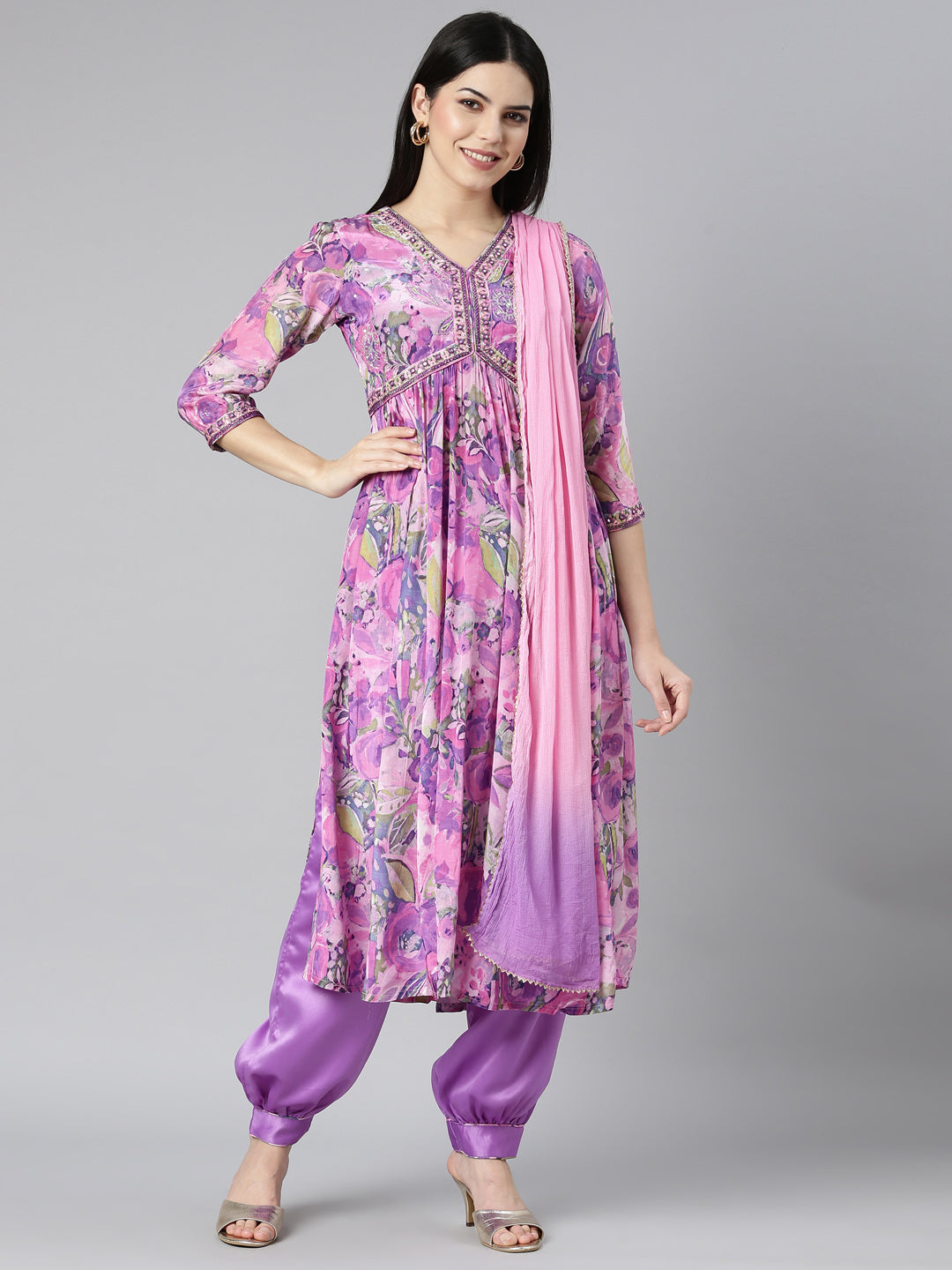 Neerus Purple Pleated Straight Floral Kurta And Salwar With Dupatta