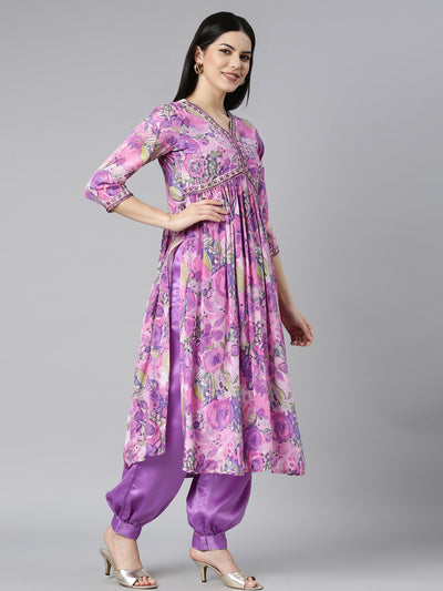 Neerus Purple Pleated Straight Floral Kurta And Salwar With Dupatta