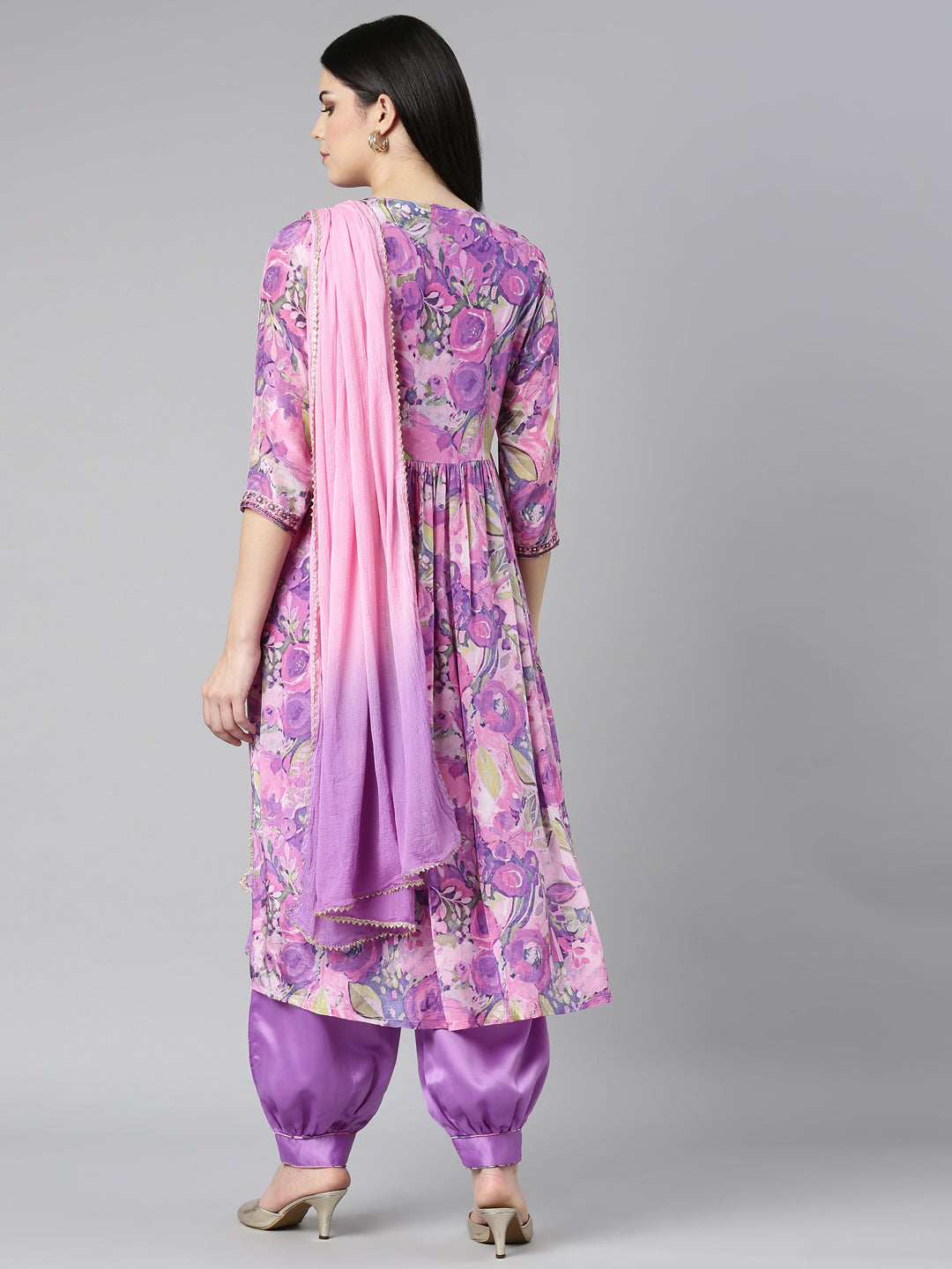 Neerus Purple Pleated Straight Floral Kurta And Salwar With Dupatta