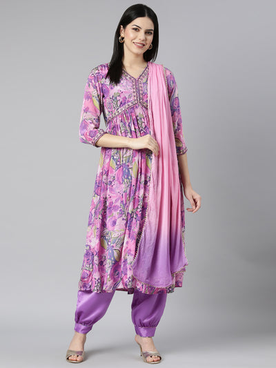 Neerus Purple Pleated Straight Floral Kurta And Salwar With Dupatta