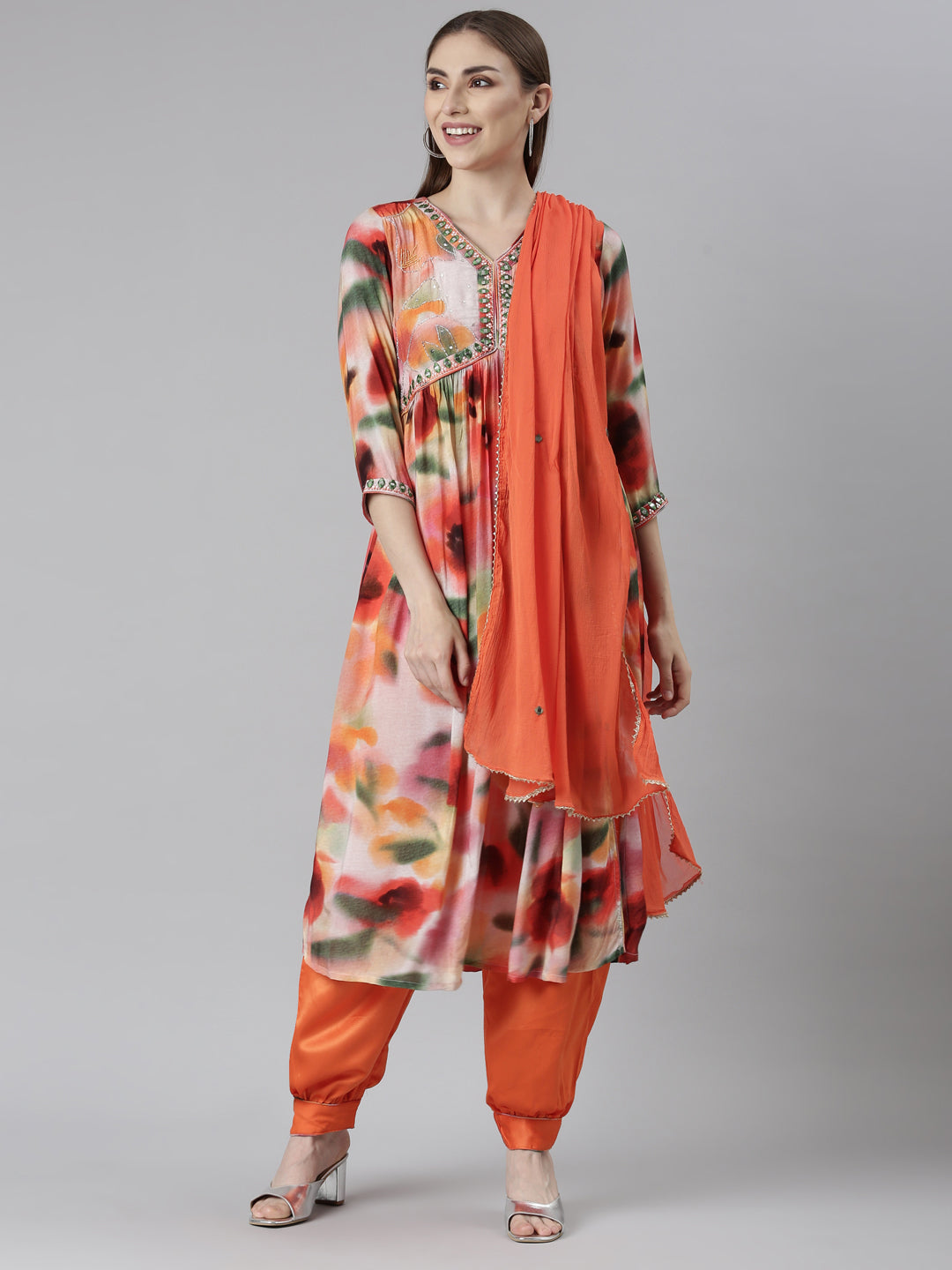 Neeru's Orange Pleated Straight Floral Kurta And Salwar With Dupatta