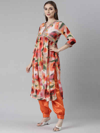 Neeru's Orange Pleated Straight Floral Kurta And Salwar With Dupatta