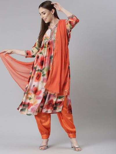 Neeru's Orange Pleated Straight Floral Kurta And Salwar With Dupatta