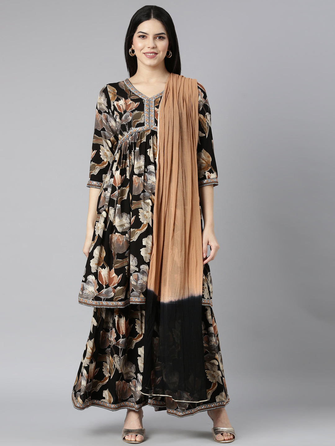 Neerus Black Pleated Straight Floral Kurta And Sharara With Dupatta