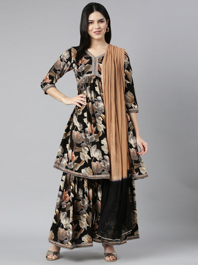 Neerus Black Pleated Straight Floral Kurta And Sharara With Dupatta