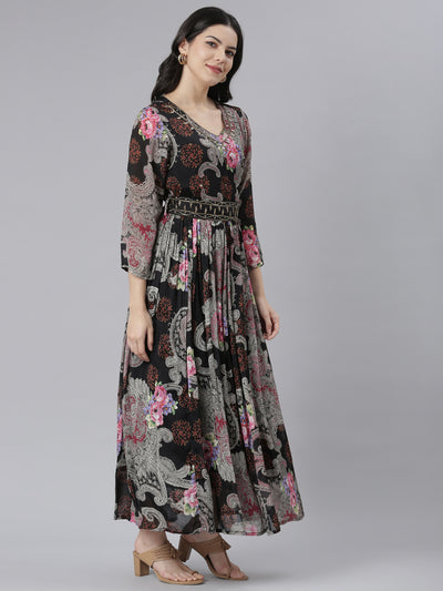 Neeru's Black Flared Casual Floral Dresses