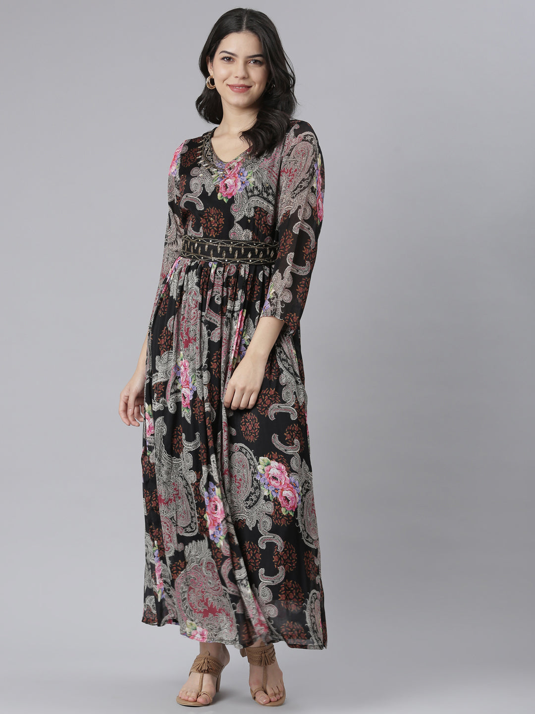 Neeru's Black Flared Casual Floral Dresses