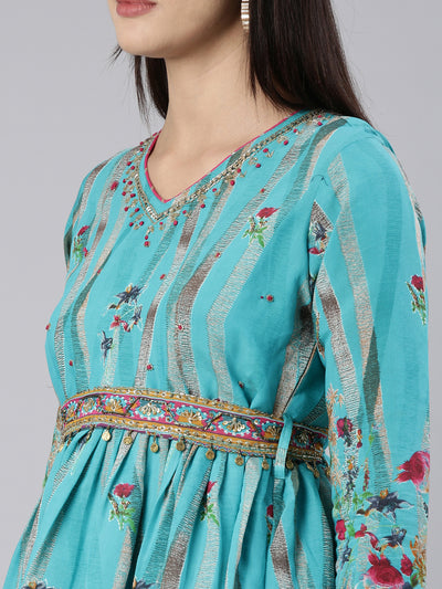 Neeru's Blue Straight Casual Floral Dress