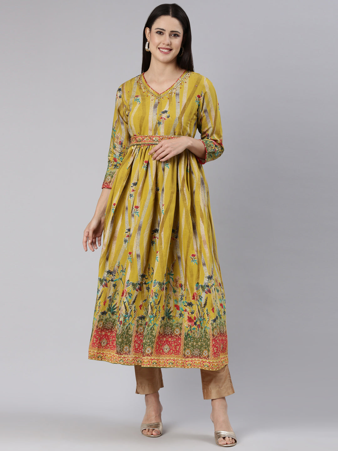 Neeru's Green Straight Casual Floral Dress