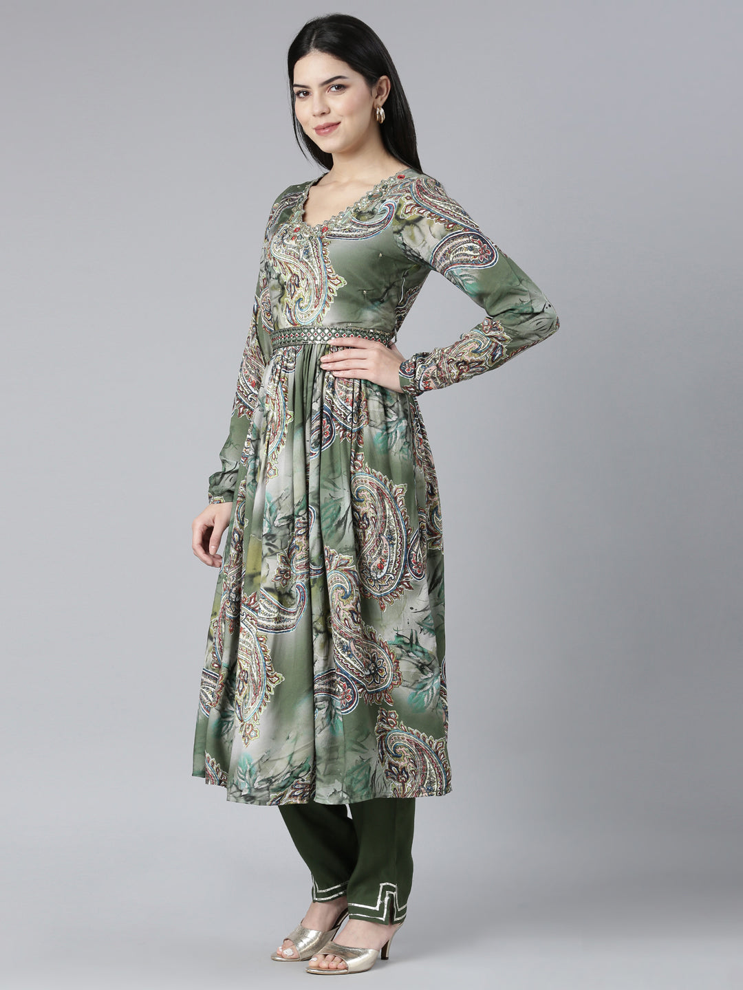 Neerus Olive Pleated Straight Paisley Kurta And Trousers With Dupatta