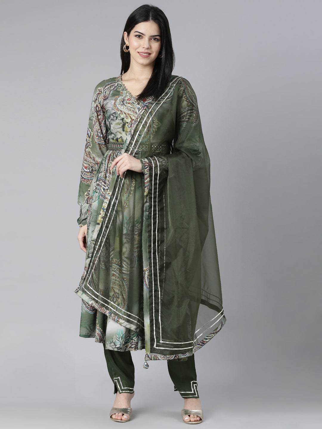 Neerus Olive Pleated Straight Paisley Kurta And Trousers With Dupatta