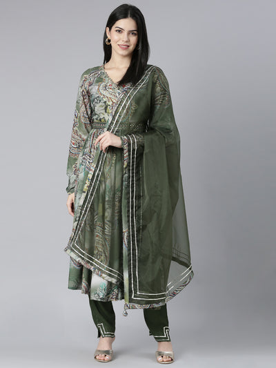 Neerus Olive Pleated Straight Paisley Kurta And Trousers With Dupatta