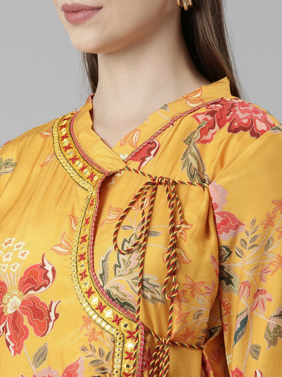 Neeru's Mustard Pleated Straight Floral Readymade suits