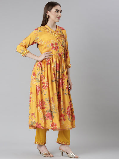 Neeru's Mustard Pleated Straight Floral Readymade suits