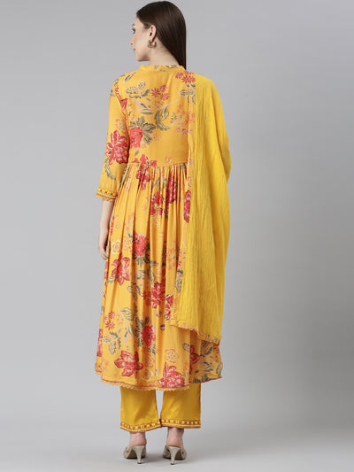 Neeru's Mustard Pleated Straight Floral Readymade suits