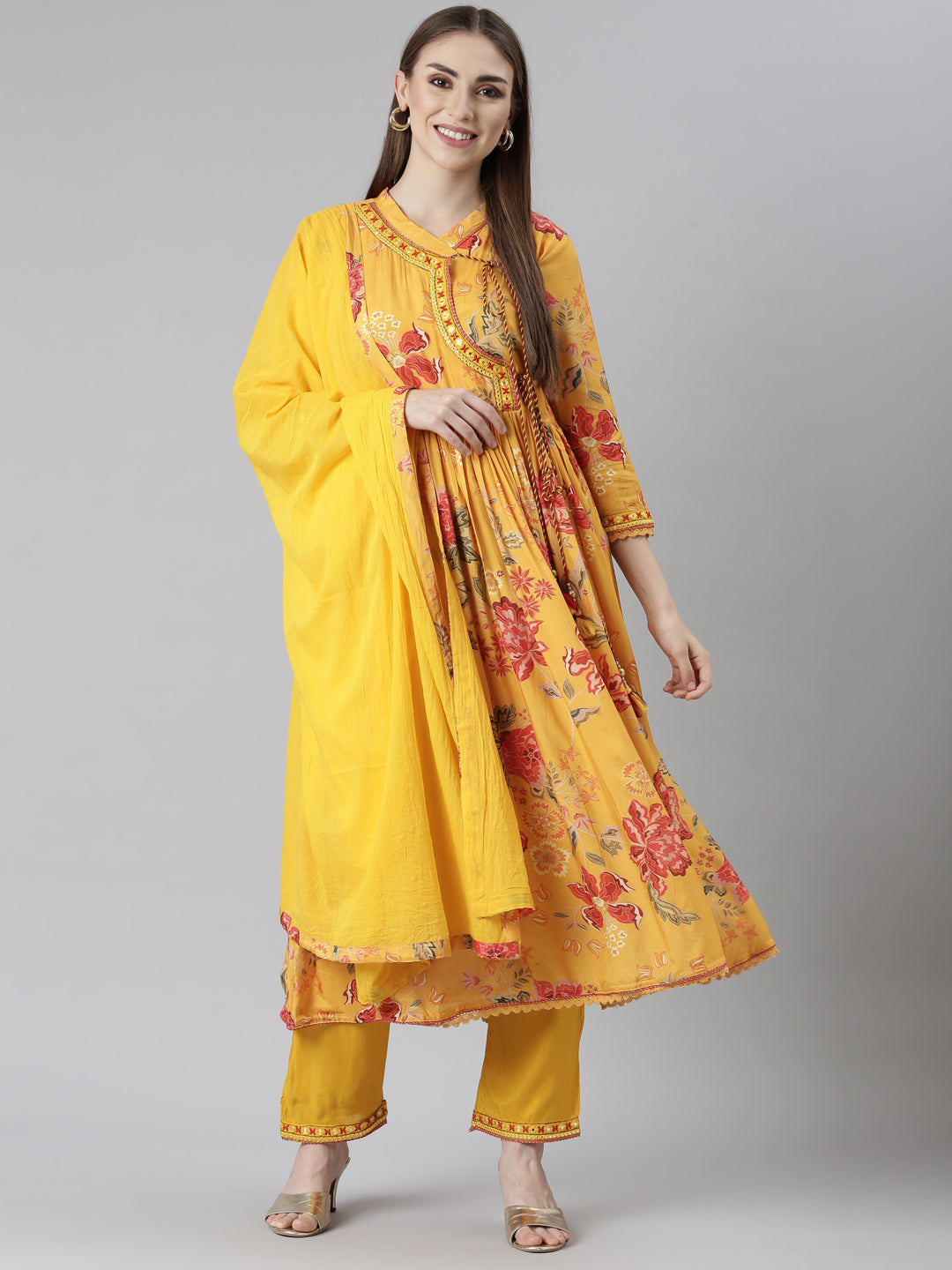 Neeru's Mustard Pleated Straight Floral Readymade suits