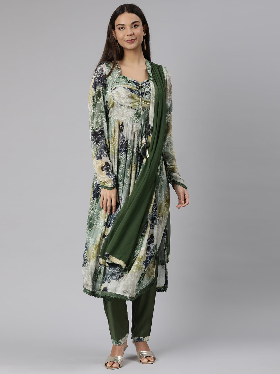 Neeru's Green Regular Straight Floral Kurta And Trousers With Dupatta