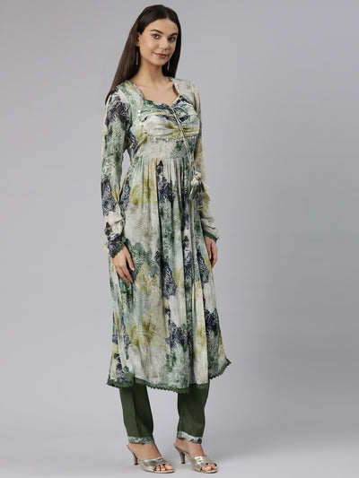 Neeru's Green Regular Straight Floral Kurta And Trousers With Dupatta