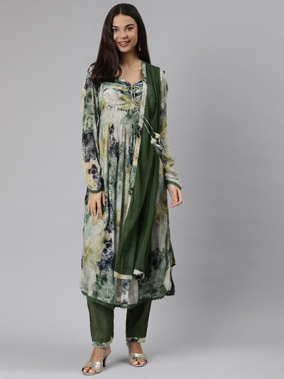 Neeru's Green Regular Straight Floral Kurta And Trousers With Dupatta