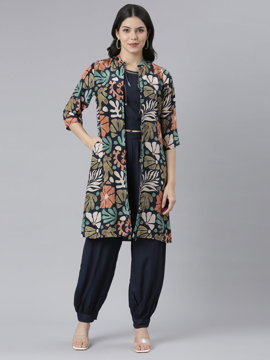 Neeru's Navy Blue Regular Straight Tribal Top And Salwar With Jacket