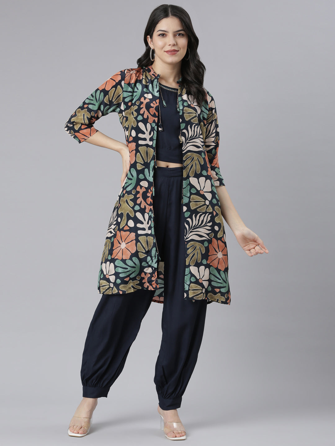 Neeru's Navy Blue Regular Straight Tribal Top And Salwar With Jacket