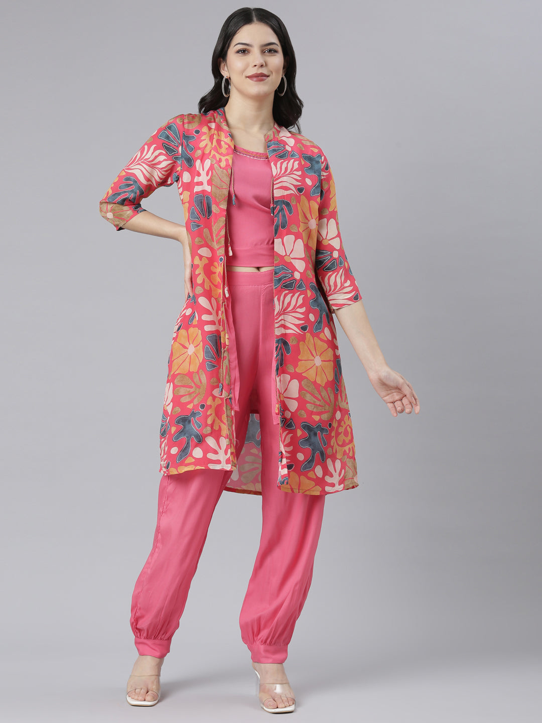 Neeru's Pink Regular Straight Tribal Top And Salwar With Jacket