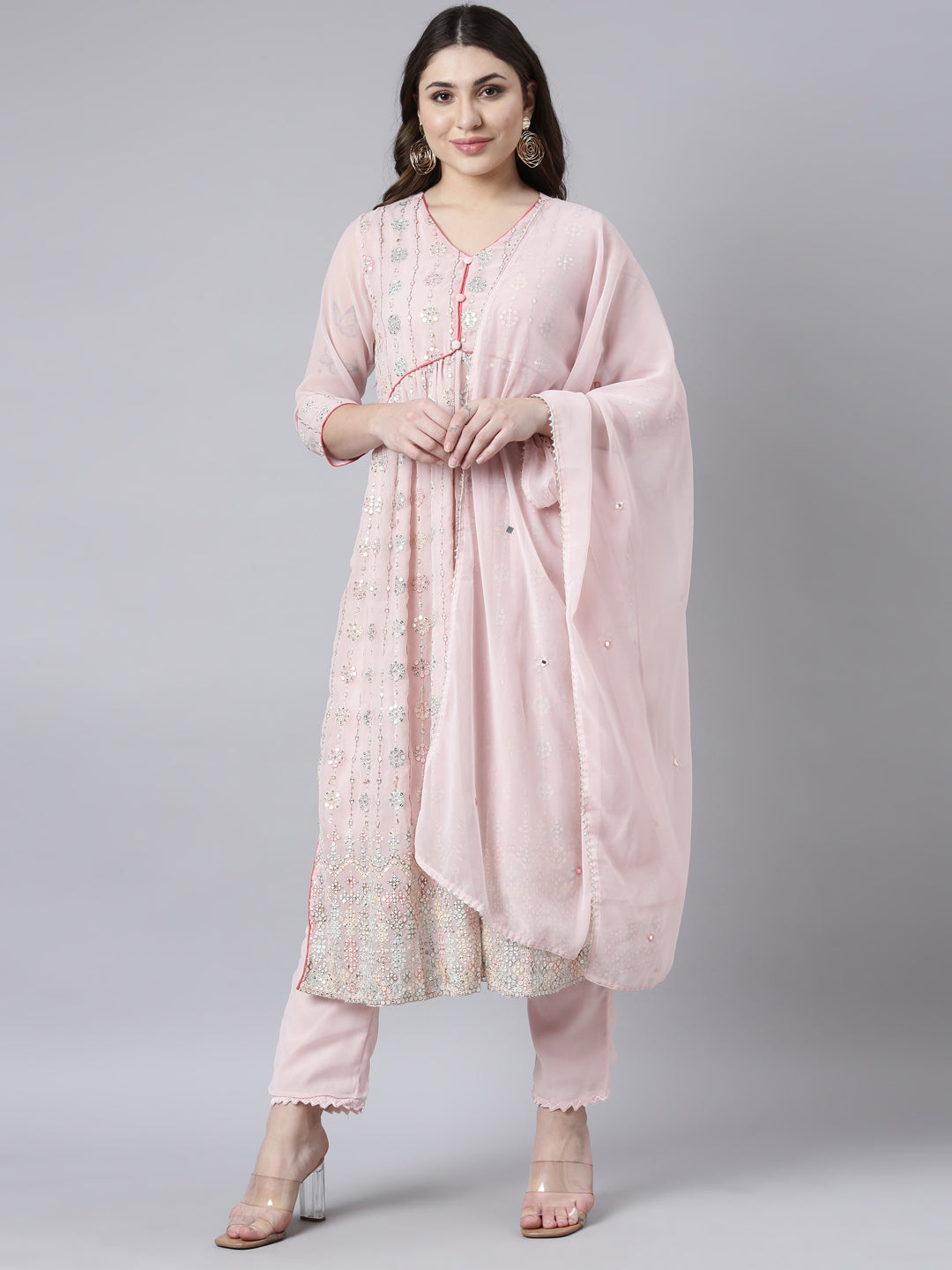 Neerus Pink Regular Straight Floral Kurta And Trousers With Dupatta