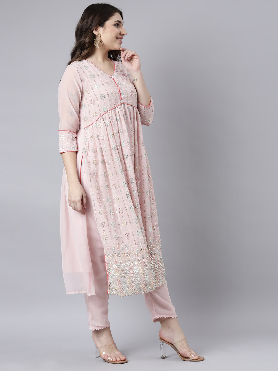 Neerus Pink Regular Straight Floral Kurta And Trousers With Dupatta